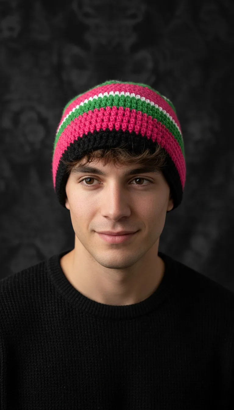 Model wearing a pink and green striped crochet cap